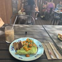 Daily avocado toast, side of roasted tofu, honey bear latte   at The Grove Cafe and Bakery in Felton