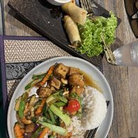 I forgot to take pic until I was already eating. There were 6 spring roll pieces to start, and also more rice and stir fry than in pic  at The Diversity Restaurant in Christchurch