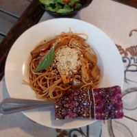 Spicy thai fusion pasta at Earth Tone in Pai