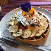 Look at this beauty! 110B delicious waffle with coconut kefir and fruits  at Earth Tone in Pai