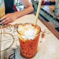 Iced Thai tea with coconut milk at Earth Tone in Pai