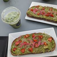 Bergamot matcha latte and avocado toast. at Lawlss Coffee in Appleton