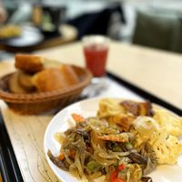 My lunch: fried oyster mushrooms with peppers (actually bunch of half-raw onions), baked potatoes with cauliflower, bread and lemonade. And just only lemonade was ok. at Art Lunch - Nalbandyan St in Yerevan