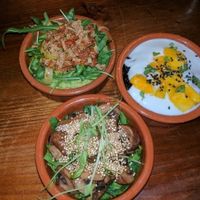 3 tapas of the day. pea puree with sundried tomatoes, black rice with coconut cream and mango, mushroom and quinoa salad.  at The Food Temple in Lisbon