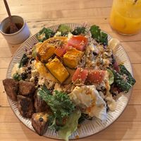 Tostada, with extra tempeh, habanero oil, and Jamu Jamu coconut fresca drink   at Palm Greens & Soul in East London