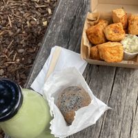 Matcha soy milk, tofu black sesame donut, tofu nuggets  at Tofu Shoten 豆腐商店 in Brunswick