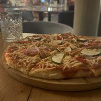 I would call this a medium size pizza with fresh doughy crust   at Wild Food in Barcelona