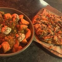 Patatas bravas and the Med flat bread   at Wild Food in Barcelona