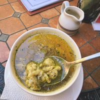 dushbara soup with herbs and little dumplings filled with soy meat at De Rama Cafe, Bar & Restaurant in Baku