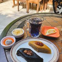 blue tea and baklava at De Rama Cafe, Bar & Restaurant in Baku