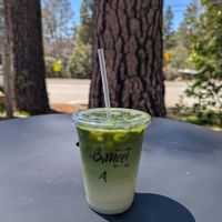 Banana matcha latte with almond milk at Alpaca Coffee & Tea in Idyllwild