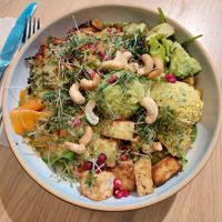 "Vegan Fit" with quinoa (served warm, rest of ingredients cold), tofu, spinach, chickpeas, broccoli, hummus, and much more; I added an extra "Gemüse Rösti" (top left under the cr at Stadtsalat in Dusseldorf
