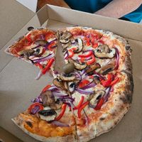 Mushrooms and peppers. Mmm at Pizza Attack in Coyhaique