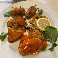 Multi-item plate (part of the meal of the day).   AKA Plato de degustación  at Artemisa Sol in Madrid