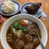 Pork bun, purple rice zhongzhi(savory sticky rice) and hearty noodle soupp  at Potherb Vegetarian Dim Sum 雪裏紅素食點心 in Taipei
