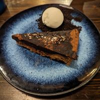 Chocolate and salted caramel tart with coconut ice cream at Bill's in Farnham