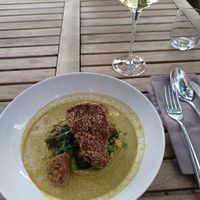 Fried mushroom with tempeh on gazpacho at Tonka in Frankfurt