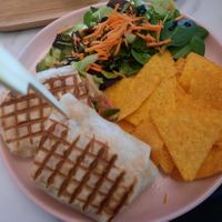 Vegan no-chicken wrap with salad and tortilla chips at Stoet in Hengelo