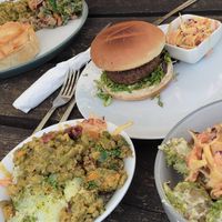 The burger was a bit dry but the pie and the salad bowl options were very good at The Wild Oak Cafe in Llanidloes