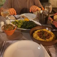 Aubergine salad, boiled greens and fava at Kappos Etsi in Aegina