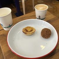Nata, Arrancini, and latte  at Lisboa Pastelaria in Dublin