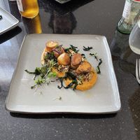 Pan-Seared Mushroom Scallops
Quinoa-Apple-Mango Salad
Butternut Squash Purée   at Mango Haus in Bakersfield