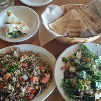 Jasmines Favorite on the left... on the right Fattoush with Lebanese Salata (no oil/dressing) and lots of pita to make salad wraps. at Aladdin's Eatery in Boardman