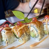 Salmon on fire Oshisushi  at Vegan Shoku in Vancouver