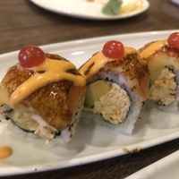 Salmon on fire roll  at Vegan Shoku in Vancouver