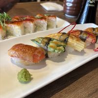 Assorted sushi platter and tuna/avocado pressed sushi #Veganuary at Vegan Shoku in Vancouver