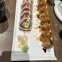 On the left: “Salmon” sushi rolls. On the right: “House” rolls. Both were amazing!  at Vegan Shoku in Vancouver