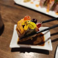 Philadelphia roll, close up (the fresh strawberry is delicious!) at Vegan Shoku in Vancouver