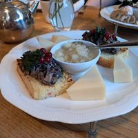 Afternoon tea: focaccia with mushrooms, parmesan style vegan cheese and apple-fennel jam at Ateneum Bistro in Helsinki