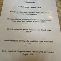 Vegan menu  at The Kaye Arms in Wakefield