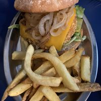 Chicken-style burger—yum!  So much better than it looks; full of flavor    at B13 Bar in Madrid