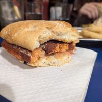 Bocadillo de chorizo, delicioso, viene con patatas fritas (de muy buena calidad y bien hechas) at B13 Bar in Madrid
