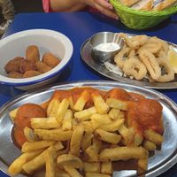 Albóndigas, croquetas y calamares at B13 Bar in Madrid
