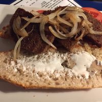 Bagueete with seitan imitation of meat. Very junk food-ish with a lot of oil, but in its own way it was good! at B13 Bar in Madrid