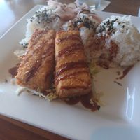 Breaded and fried tofu with white rice at The Rim in Volcano