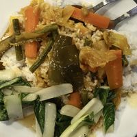 Rice with vegetable curry and stir-fried greens from the dinner buffet  at Mango Garden  in Sandakan