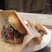 Miso BBQ burger with fries at Acai Cafe - Island Veggie in Tokyo