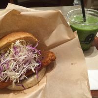 tofu miso burger and green smoothie  at Acai Cafe - Island Veggie in Tokyo
