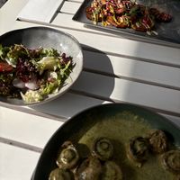 Fried Aubergine Rings & sautéed mushrooms (we just wanted a small snack and ordered just “small portions”)  at Aubergine - Aviatorilor in Bucharest
