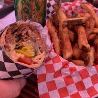 Beef shawarma with a side of hand cut fries and a beverage.   at The Fix in Reno