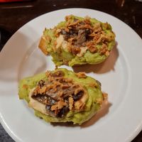 Pintxo de aguacate, hummus, champiñones y cebolla crujiente at La Muga in Bilbao