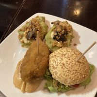 Pintxos veganos: guacamole, hummus, setas y cebolla frita; croqueta de setas; hamburguesa de quinoa  at La Muga in Bilbao