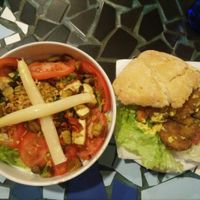 vegan salad and seitan burger at La Muga in Bilbao