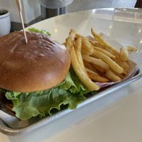 mushroom burger and baked fries  at RawASF in San Jose