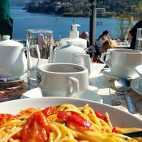 Vegan vegetable pasta. Fricking delish. at Cafe Kanoni in Corfu