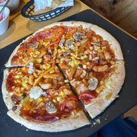 Veggie pizza with Soya pieces and vegan nuggets at Pizza Hut in Harlow